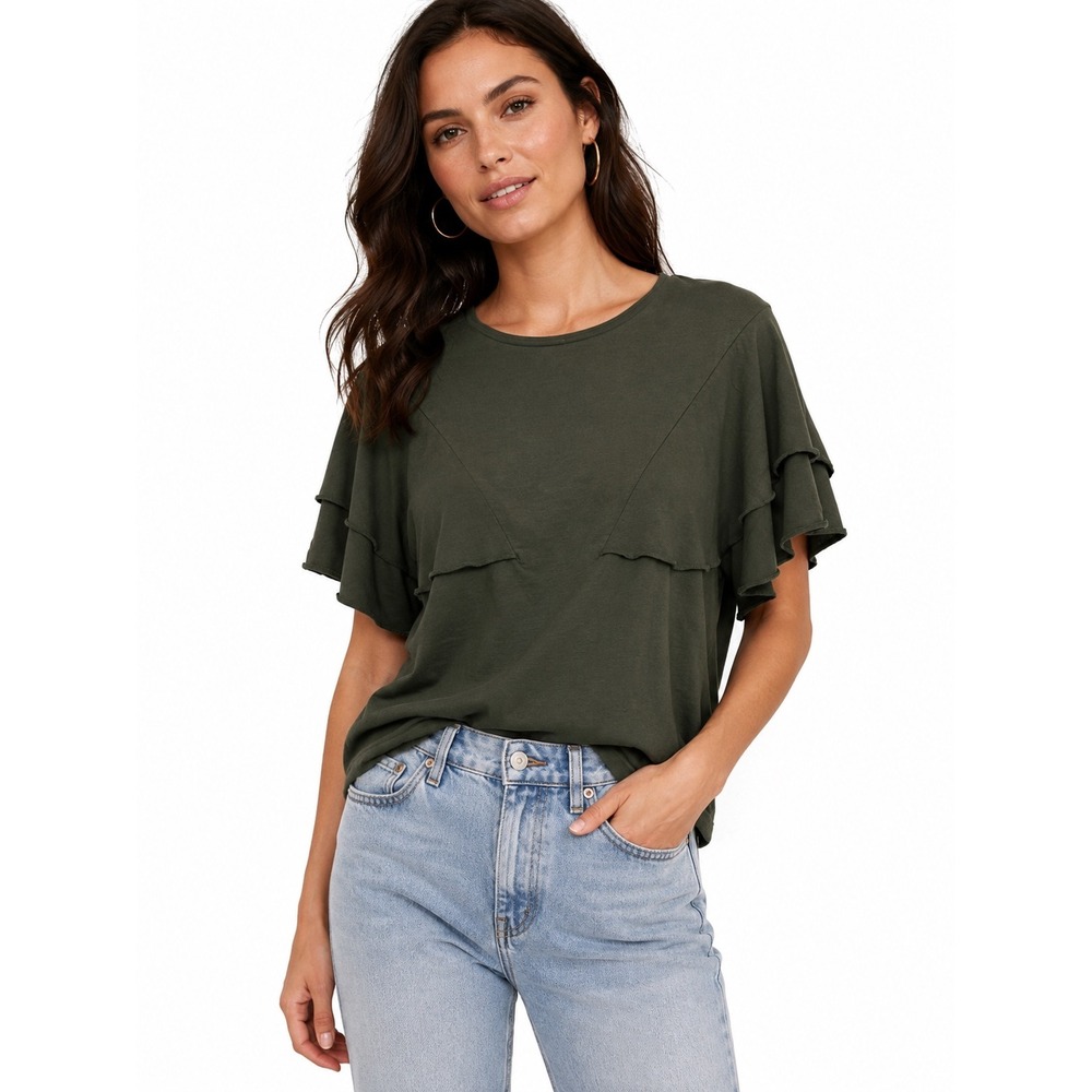 Zara Trafaluc Ruffle Top Womens Large Green Short Sleeve Raw Edge Layered Shirt